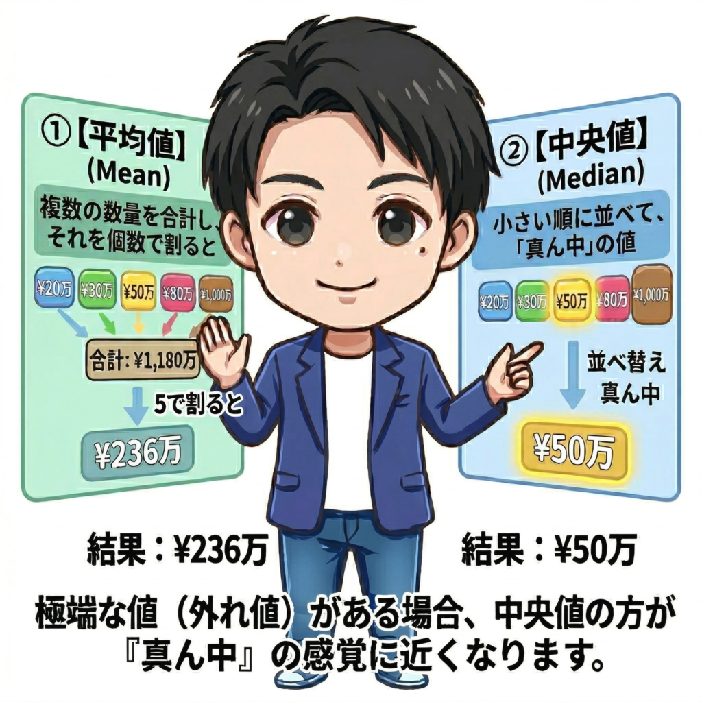 平均値と中央値の違いを分かりやすく解説した図解。1,000万円などの極端な数値がある場合、中央値の方が実感に近いことを示しています。