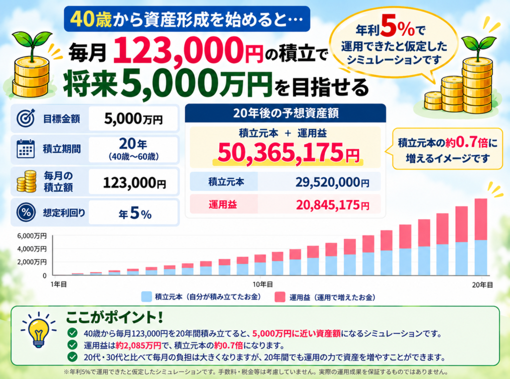 40歳から毎月12万3000円を20年間積み立て年5％で運用した場合の5000万円シミュレーション