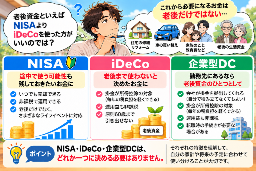 40代の老後資金づくりでNISA・iDeCo・企業型DCの特徴と使い分けを比較した図