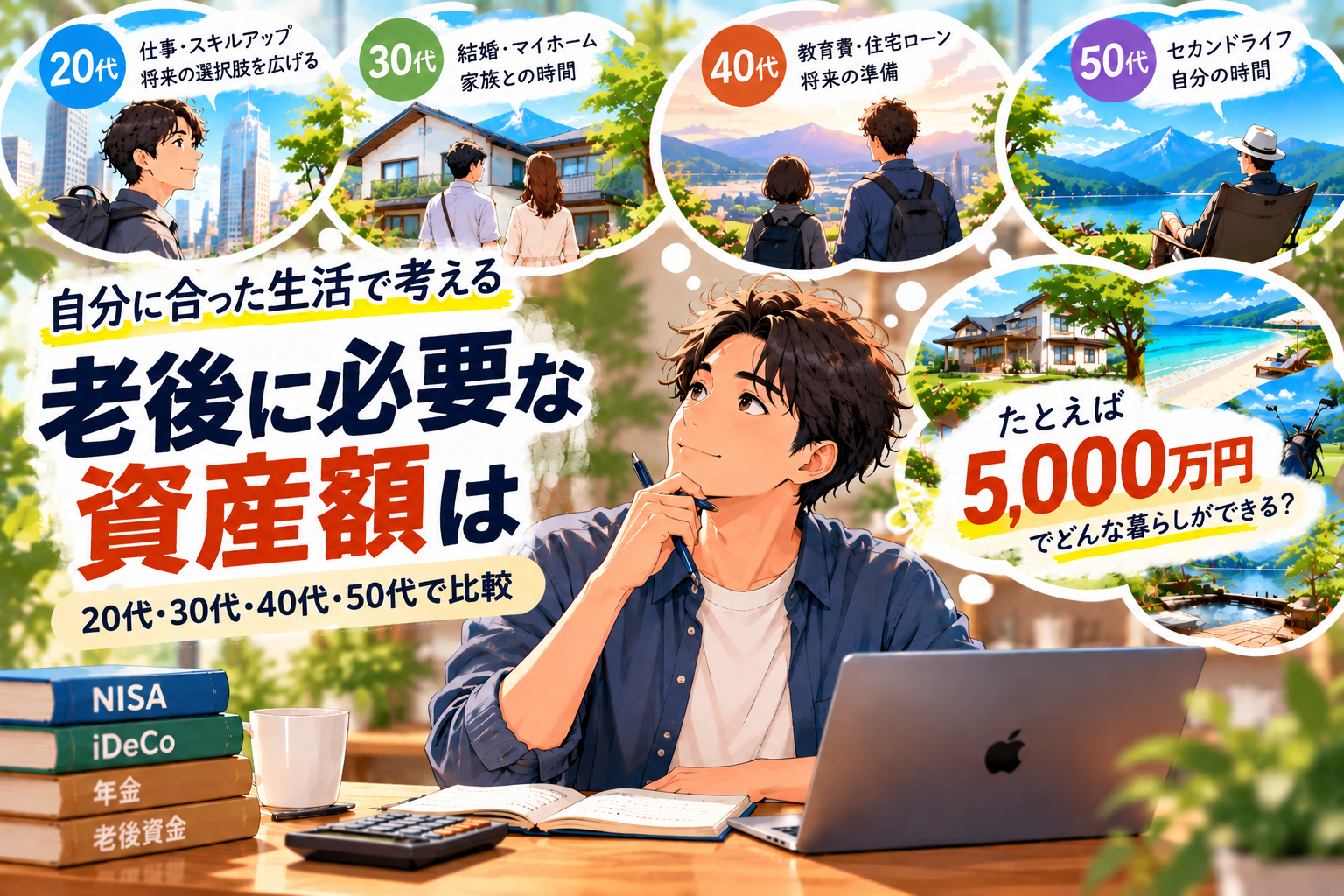 20代・30代・40代・50代で老後に必要な資産額を比較し、自分に合った老後生活を考えるイメージ