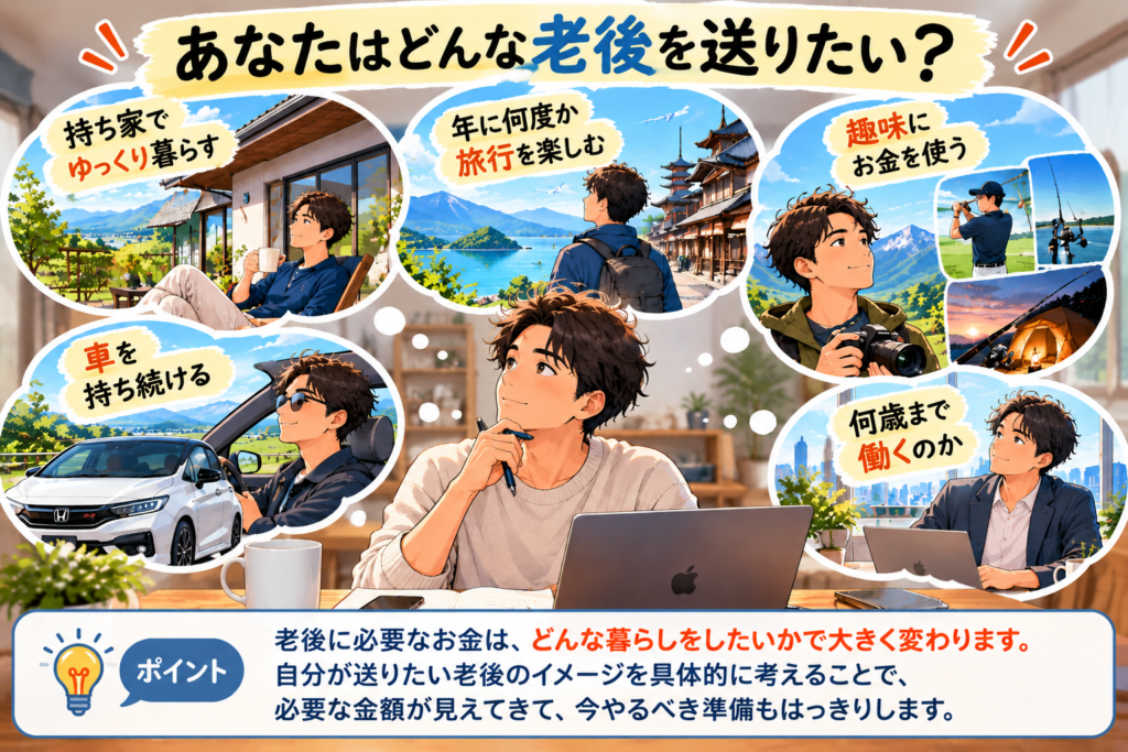 40代から老後資金を考えるために持ち家・旅行・趣味・車・働く年齢など理想の老後生活を考えるイメージ