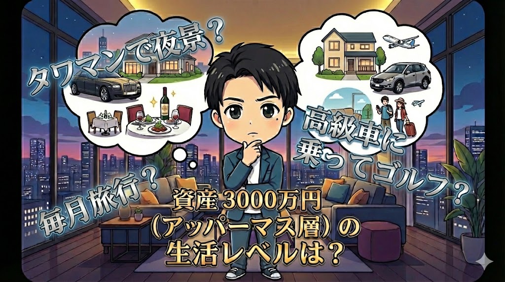 資産3000万円（アッパーマス層）の生活レベルをイメージする40代会社員のイラスト