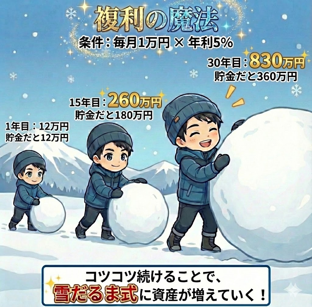 「複利」の雪だるま式効果の図解。毎月1万円を年利5%で30年間運用した場合、貯金では360万円だが、投資なら約830万円に増えるというシミュレーション結果