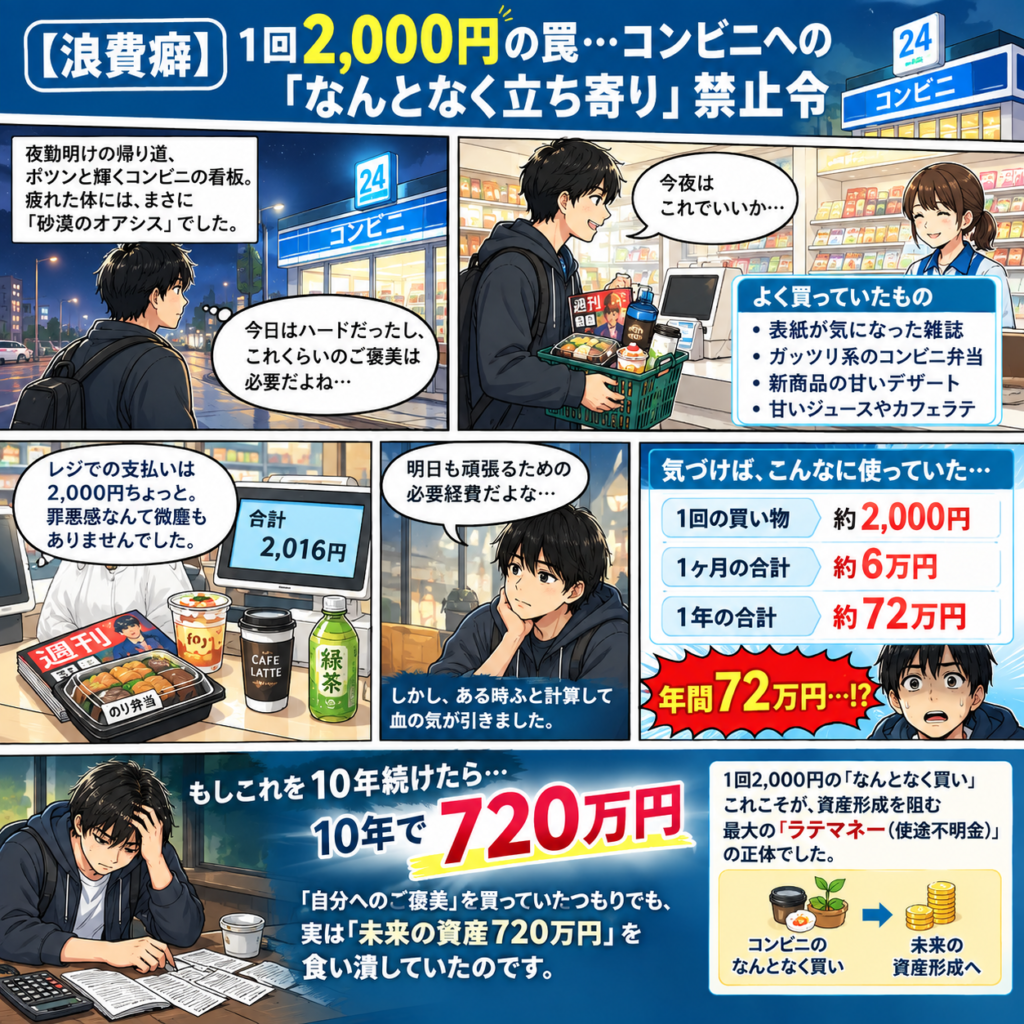コンビニで1回2,000円の買い物を続けた場合の月間・年間・10年間の支出額。