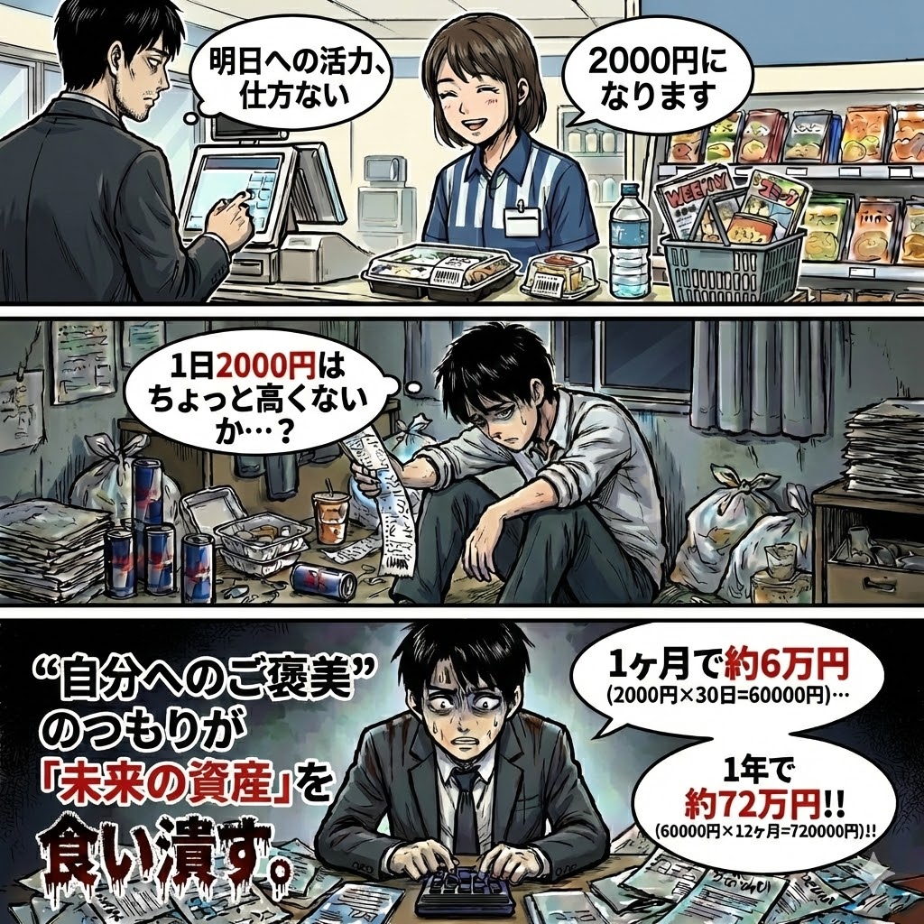 コンビニでの浪費癖が資産形成を妨げる様子。毎日2000円の無駄遣いが月6万円、年間72万円の損失になり、将来の資産を食いつぶして会社員が絶望するイラスト。