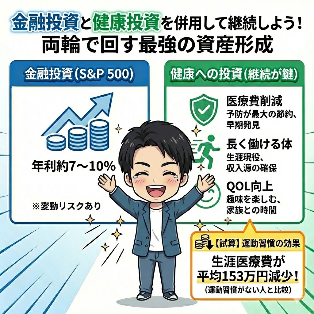 金融投資（S&P500、年利約7～10%）と健康への投資（医療費削減、長く働ける体、QOL向上）を併用する最強の資産形成の図解。運動習慣で生涯医療費が平均153万円減少するという試算も記載。