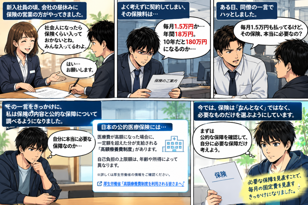 民間保険の見直しを考え、公的医療保険の保障内容を確認する会社員の漫画