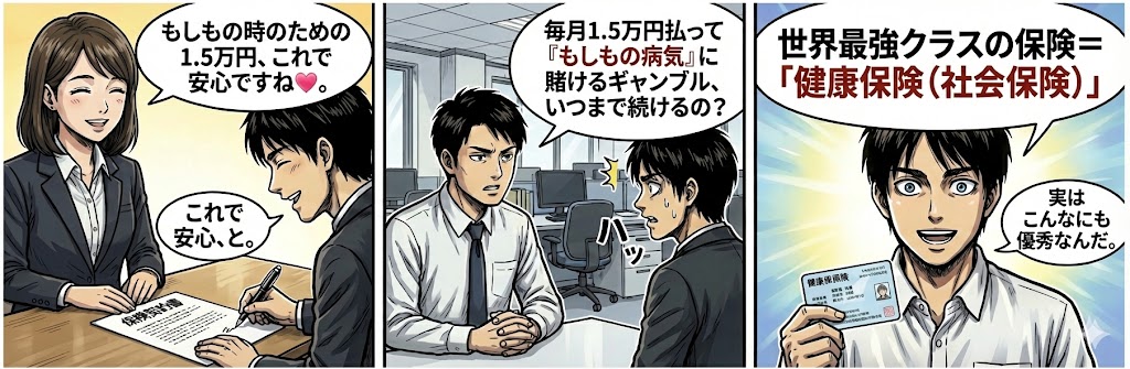 公的医療保険の高額療養費制度の図解。月収50万円以下の会社員の場合、1ヶ月の医療費自己負担額は約9万円が上限となる仕組み。民間医療保険が不要とされる根拠。