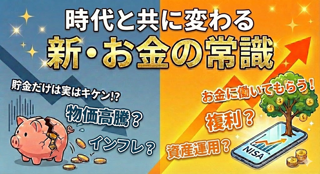 時代と共に変わる新・お金の常識。インフレや物価高騰による貯金のリスクと、NISAや複利でお金に働いてもらう資産運用の重要性を比較した図解