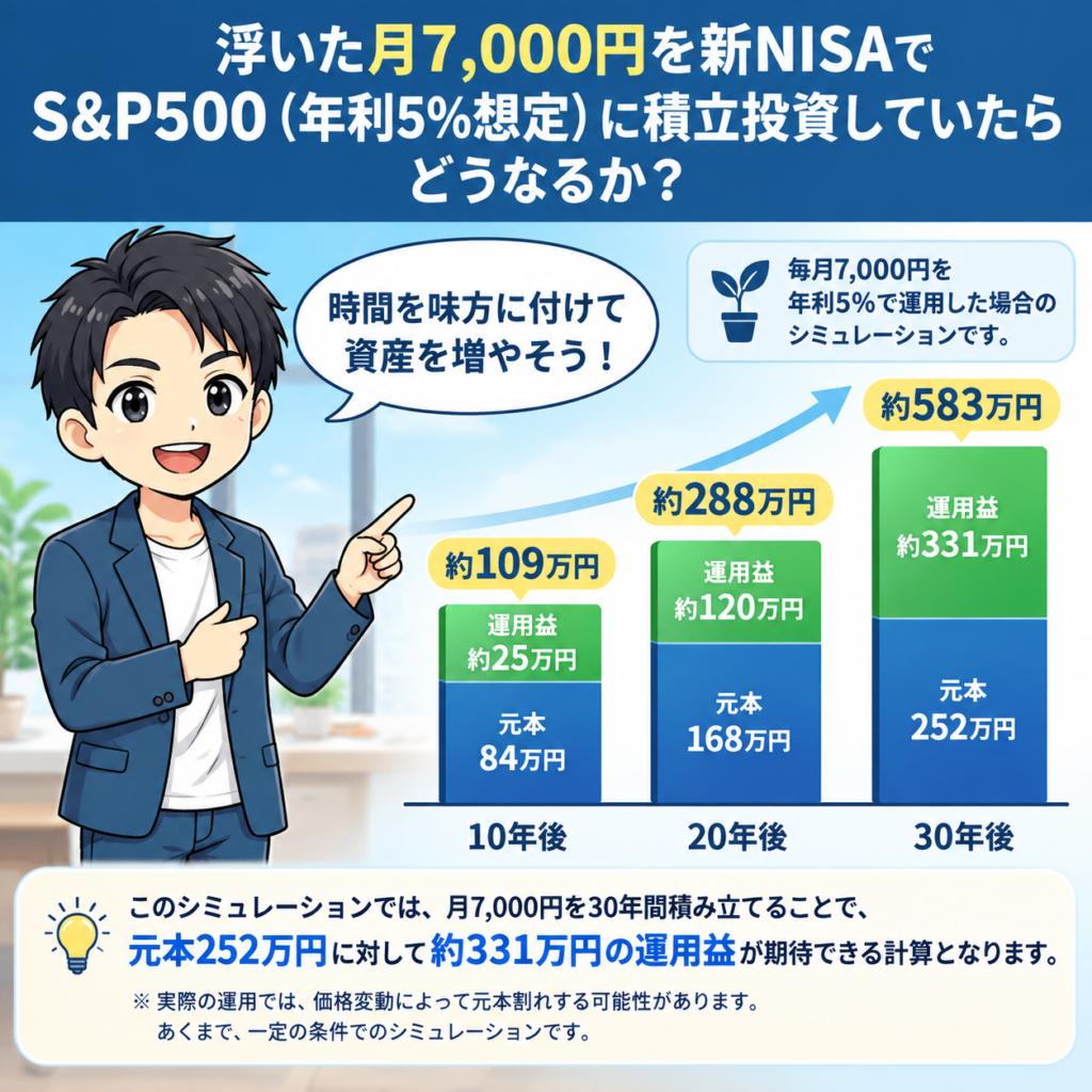 月7,000円を新NISAでS&P500に積立投資した場合の資産形成シミュレーション