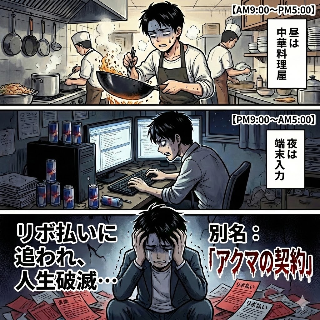 【実録漫画】借金返済のため、昼は中華料理屋、夜はデータ入力のダブルワークをしていた筆者の生活。「リボ払い」という悪魔の契約に苦しんだ日々の記録。
