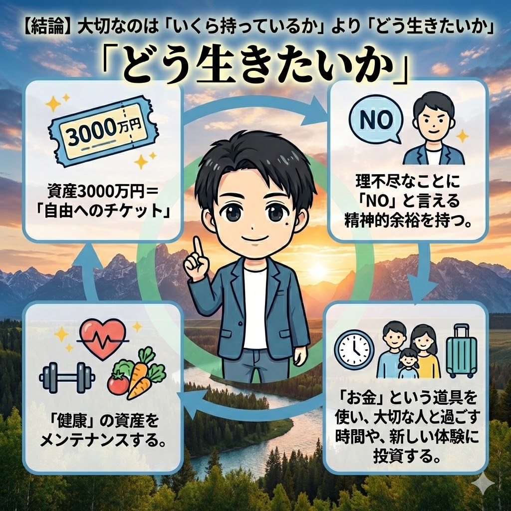 資産3000万円は「自由へのチケット」であり、「どう生きたいか」が重要であることを示す図解。「健康のメンテナンス」「理不尽へのNO」「大切な時間や体験への投資」という3つの行動指針が示されている。