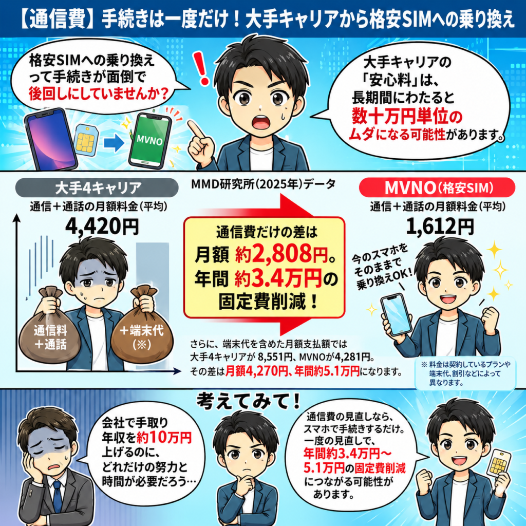 大手4キャリアとMVNO（格安SIM）の平均通信費を比較した図解。月額料金と年間の固定費削減額を紹介。