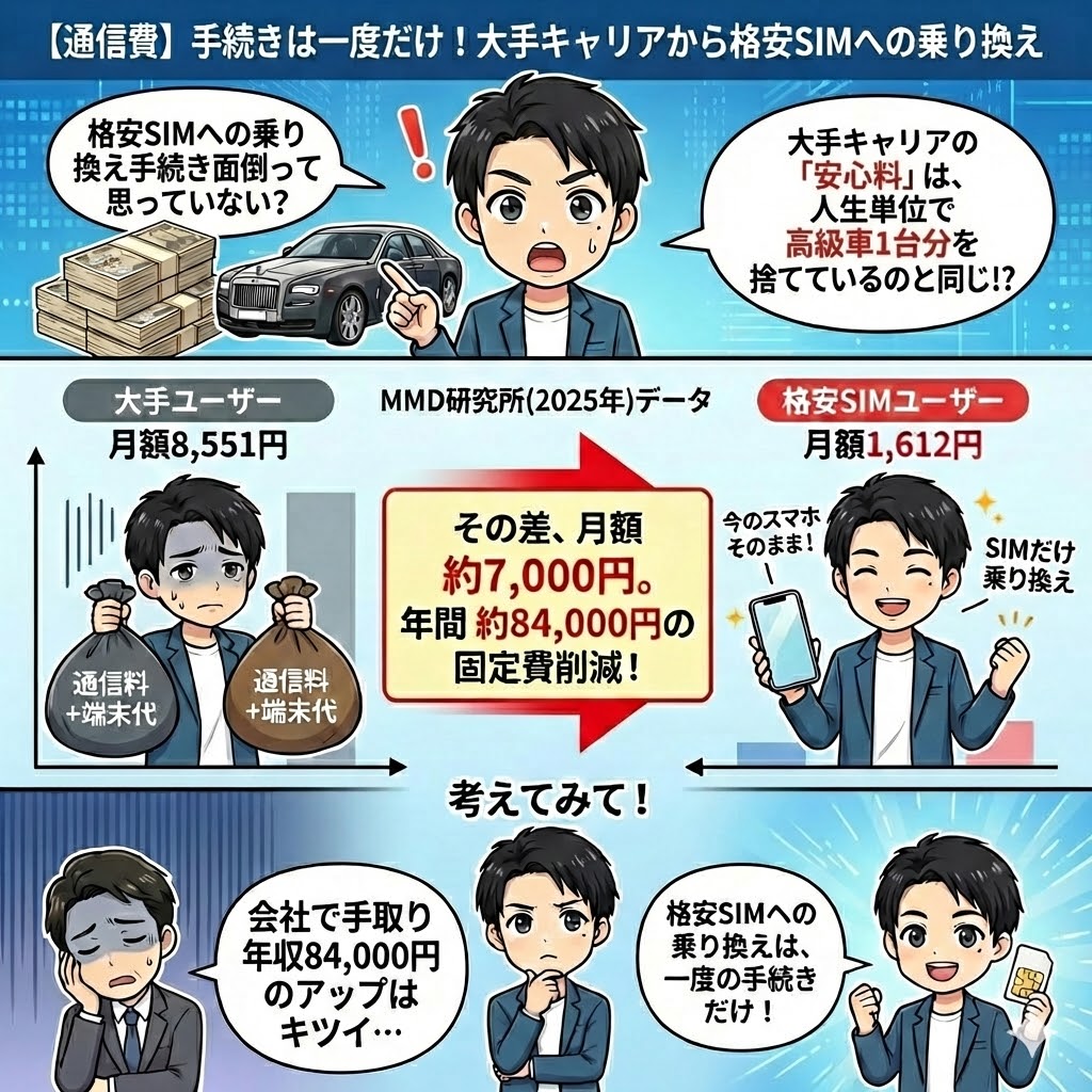 大手キャリア（月額8,551円）と格安SIM（月額1,612円）の料金比較図解イラスト。乗り換えるだけで月額約7,000円、年間約84,000円の固定費削減になります。