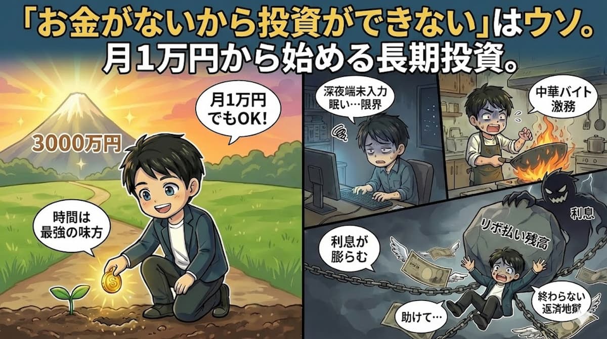 借金地獄（リボ払い）から資産3000万円を築いた筆者の実体験イラスト。「お金がないから投資できない」は嘘。