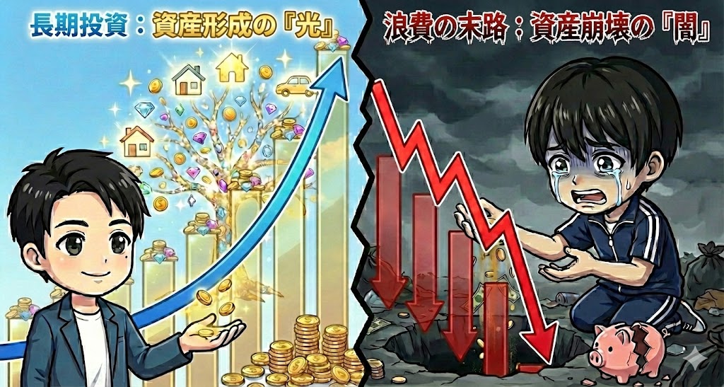 長期投資で「複利」を味方につけた資産形成（光）と、時間を浪費し続けた末路（闇）の比較イラスト。20代最大の武器である「時間」の価値を可視化。