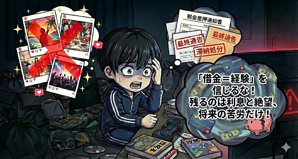 「借金は自己投資」「若いうちは貯金するな」という言葉を真に受けた末路のイラスト。SNSの華やかな投稿の裏で、税金滞納や督促状に怯える現実。