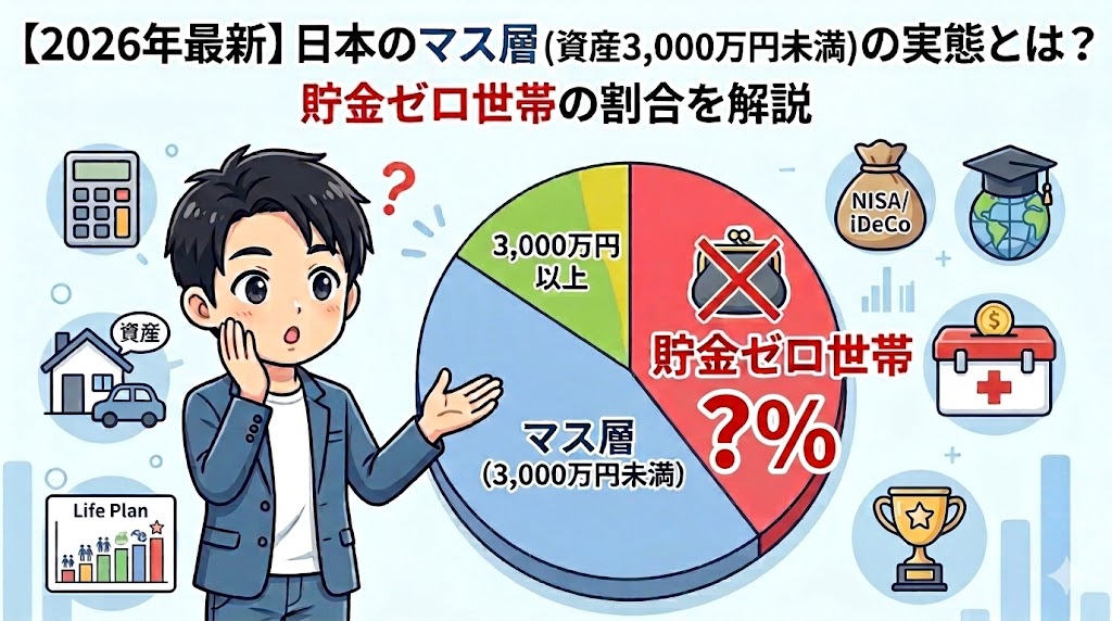 日本のマス層の割合と貯金ゼロ世帯の実態を示す円グラフと驚く男性のイラスト
