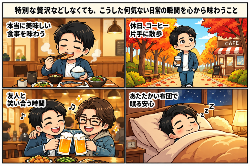 資産形成でお金の不安が減り、食事や散歩、友人との時間、日々の暮らしを楽しむ様子