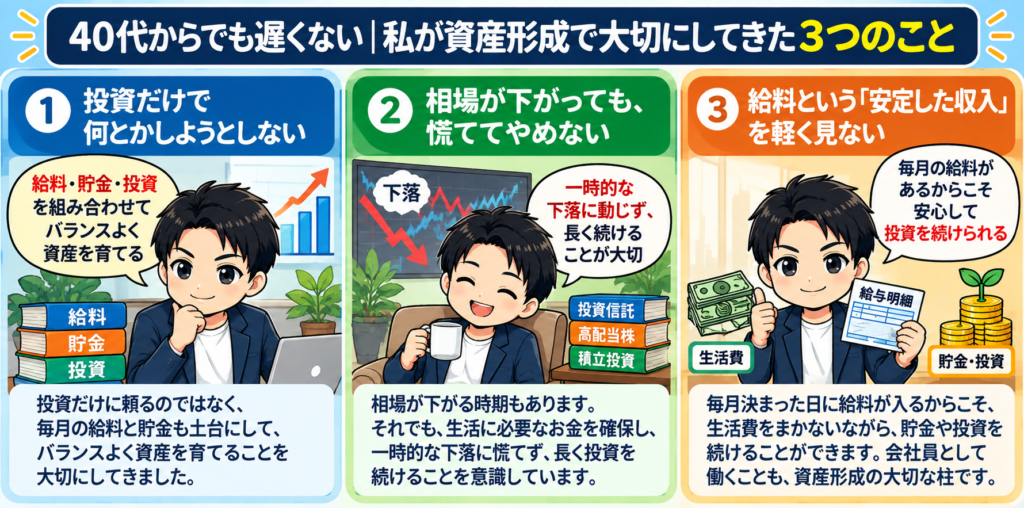 40代からの資産形成で大切にしてきた3つのこと｜投資・相場下落・給与収入