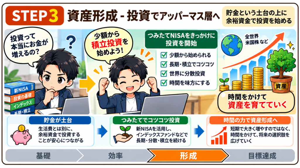 資産形成STEP3 貯金を土台に余裕資金でNISAなどの積立投資を始める