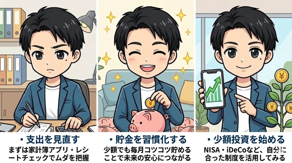 会社員の資産形成3ステップを図解したイラスト。1.家計簿アプリで支出を見直す、2.コツコツ貯金を習慣化する、3.NISAやiDeCoを活用して少額投資を始める、の3つの工程を表現。