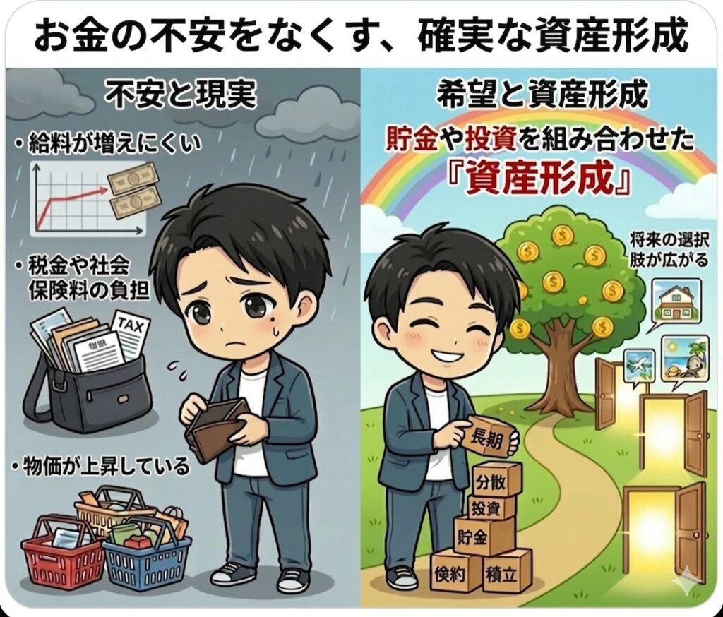 給料が増えない、物価上昇などの「お金の不安と現実」に対し、倹約・貯金・投資を積み重ねる「資産形成」によって将来の選択肢が広がっていく様子を描いた対比図解。