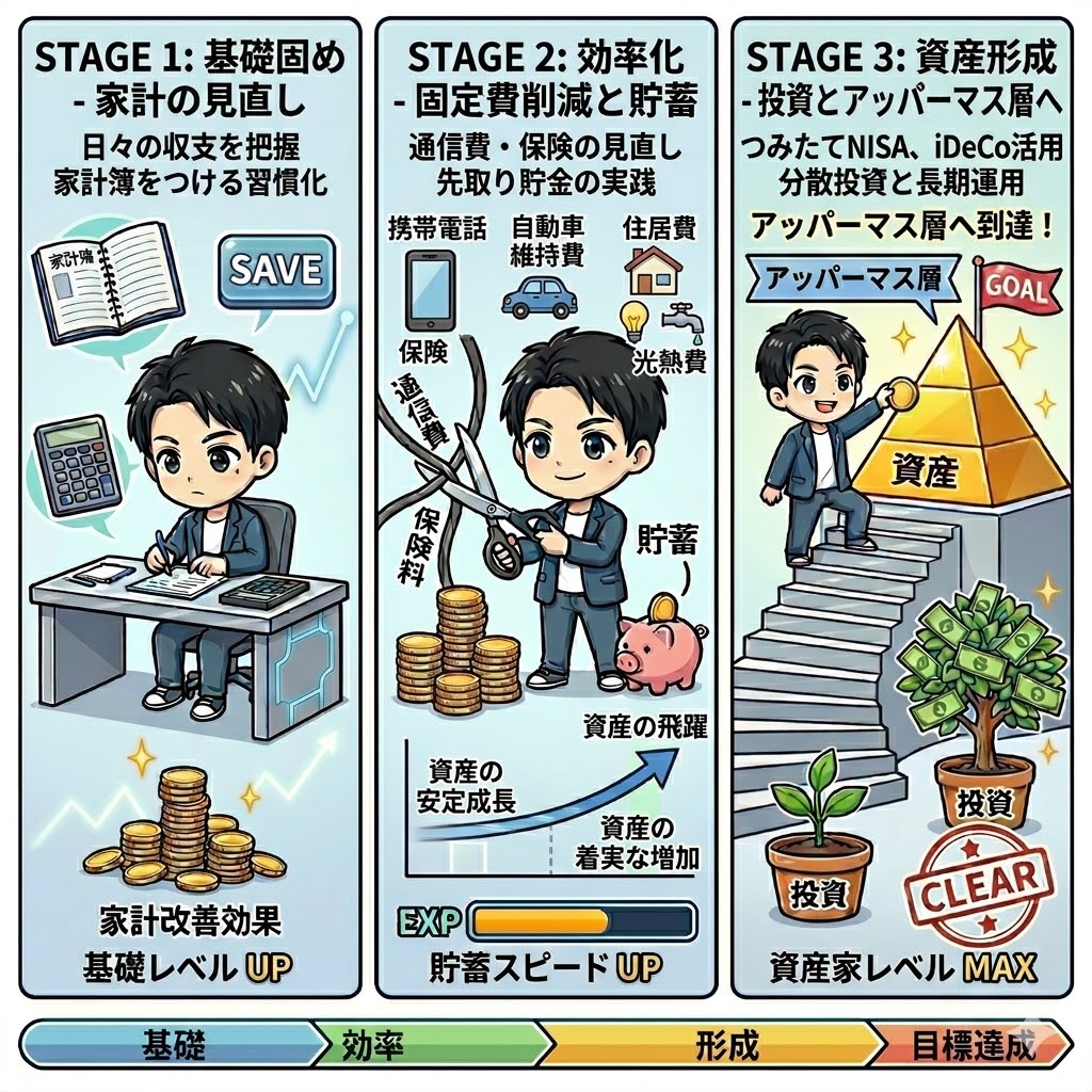 資産形成のステップアップをゲームのように表した3パネルのイラスト。左から、家計簿と固定費削減で「中央値」達成、世界の資産へ分散投資で「平均値」達成、金利の味方で「アッパーマス層(3000万円)」到達と、段階的に成長する様子。