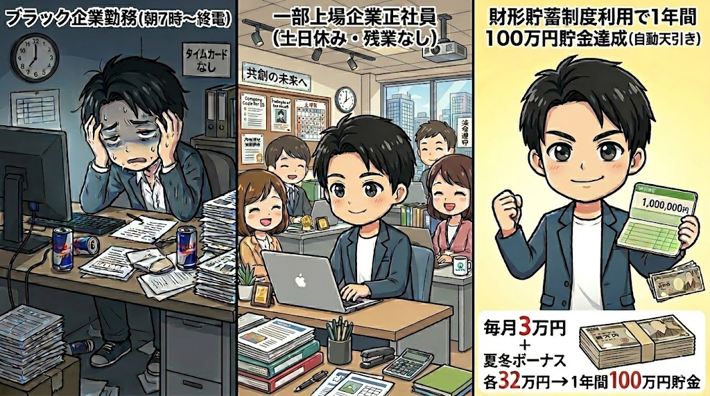 ブラック企業での過酷な勤務状況から、一部上場企業へ転職して安定した生活を手に入れ、財形貯蓄で年間100万円の貯金を達成するまでの変化を描いた3分割のイラスト。