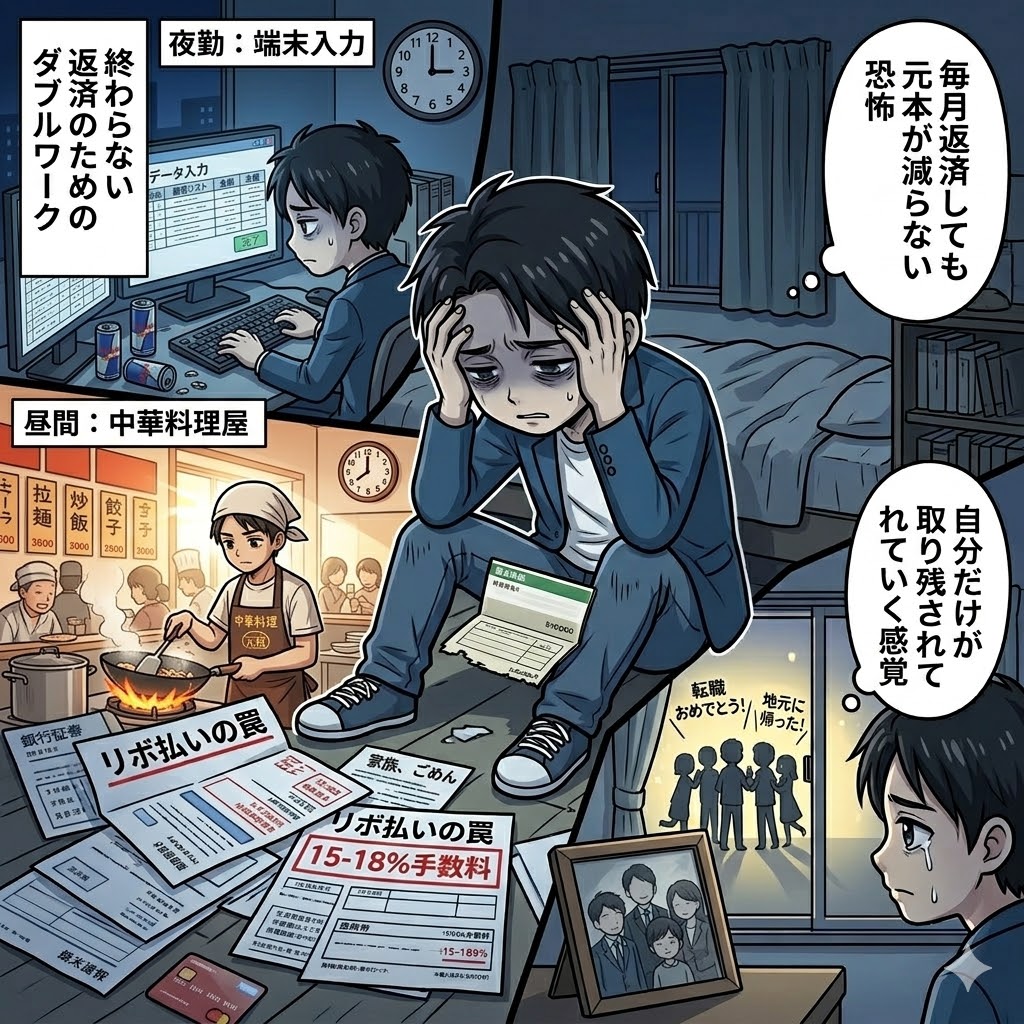薄暗い部屋で、ベッドに座り、顔を覆ってうつむく男性。20代の借金返済に追われる生活の苦しみと絶望を表現したイメージ画像。