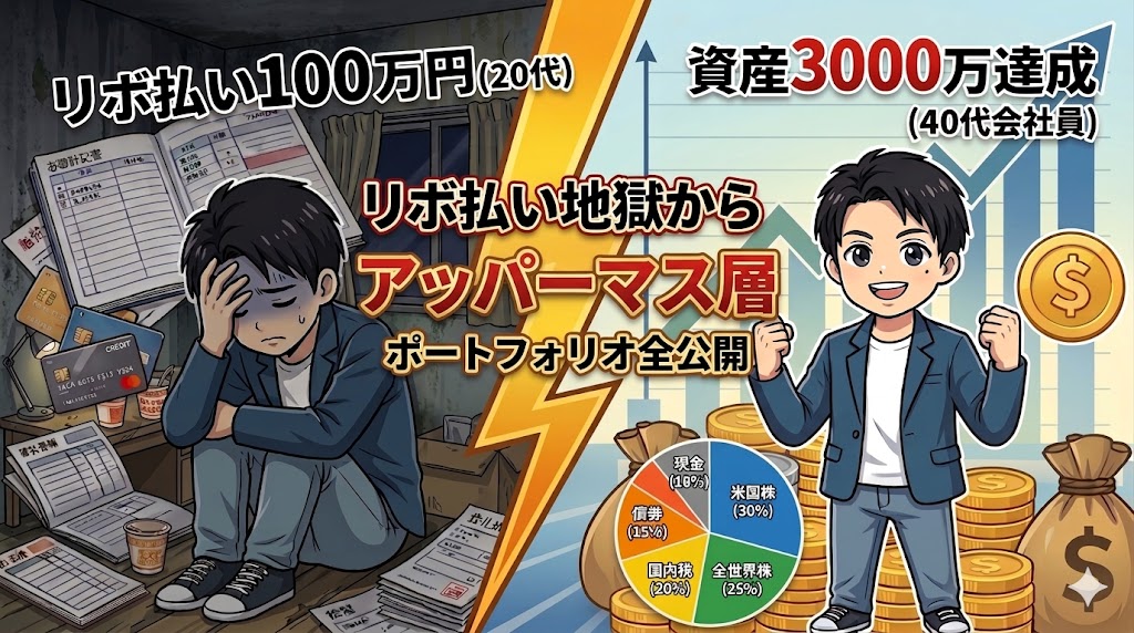 20代でリボ払い借金100万円、貯金ゼロだった男性が、40代普通の会社員になり資産3000万円（アッパーマス層）を達成した道のりを描いたアイキャッチ画像。左は落ち込む20代、右は満面の笑みの40代と赤いシビックタイプR、コインの山。中央に「リボ払い地獄から、アッパーマス（資産3000万円）へ！」のテキストと、インデックス投資・日本高配当株・企業型DCのポートフォリオ円グラフ。
