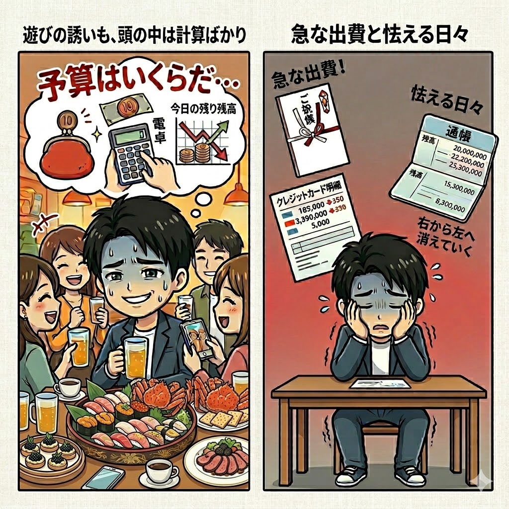 遊びの誘いでも頭の中は予算の計算ばかりで楽しめず、急な出費やクレジットカードの明細、減っていく通帳の残高に怯えていた過去の自分を描いたイラスト。