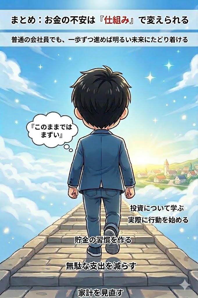 借金生活から資産形成によって人生が変わる様子を表現した対比図解。物価上昇や社会保険料増の現状から、家計見直しやNISAで未来の選択肢を広げる様子を描写。