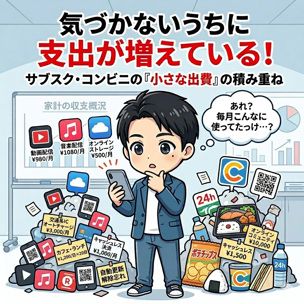 スマートフォンを見て毎月の出費の多さに驚く男性のイラスト。動画配信などのサブスクリプション、コンビニでの買い物、キャッシュレス決済など、気づかないうちに増える「小さな出費」の積み重ねを図解。