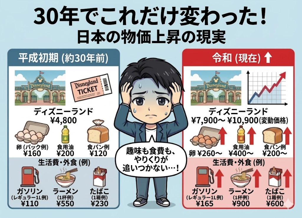 平成初期(約30年前)と令和(現在)の日本の物価上昇を比較した図解。ディズニーチケット、卵、ガソリン代などが高騰し、手取りが増えない中でやりくりに悩む会社員のイラスト。