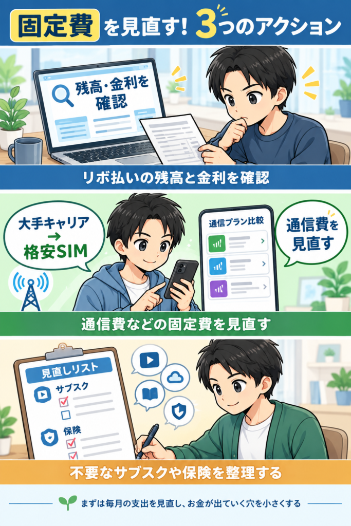 リボ払いの残高と金利を確認し、通信費や不要なサブスク・保険を見直す固定費削減の3つのアクション