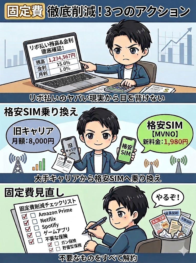 固定費削減の3つのアクション（リボ払い残高の確認、格安SIMへの乗り換え、サブスク等の解約）を実践するイラスト