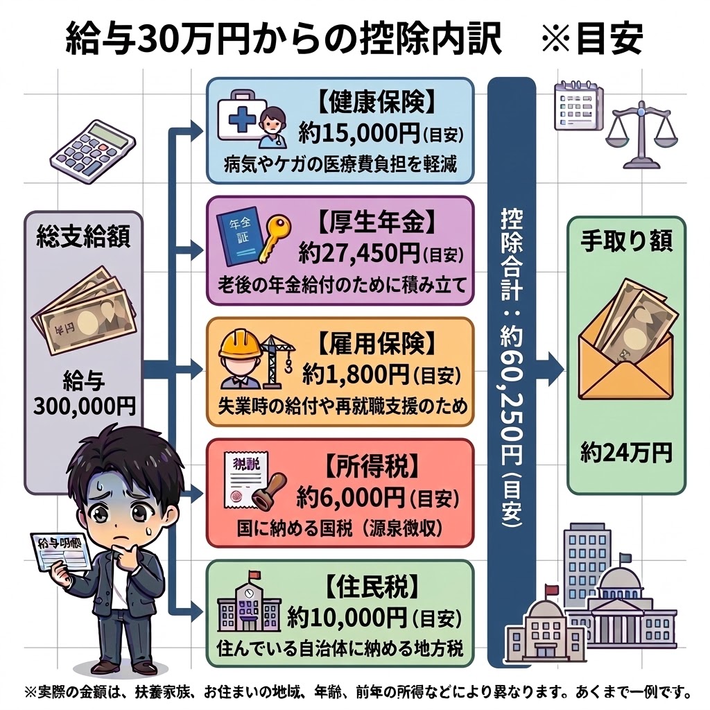 給与30万円の控除内訳(健康保険・厚生年金・雇用保険・所得税・住民税)と手取り約24万円の仕組みを解説した図