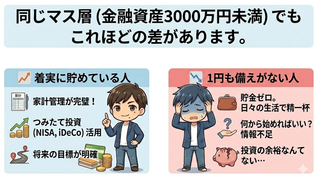 同じマス層における「着実に貯めている人」と「貯金ゼロで備えがない人」の二極化を示す比較イラスト