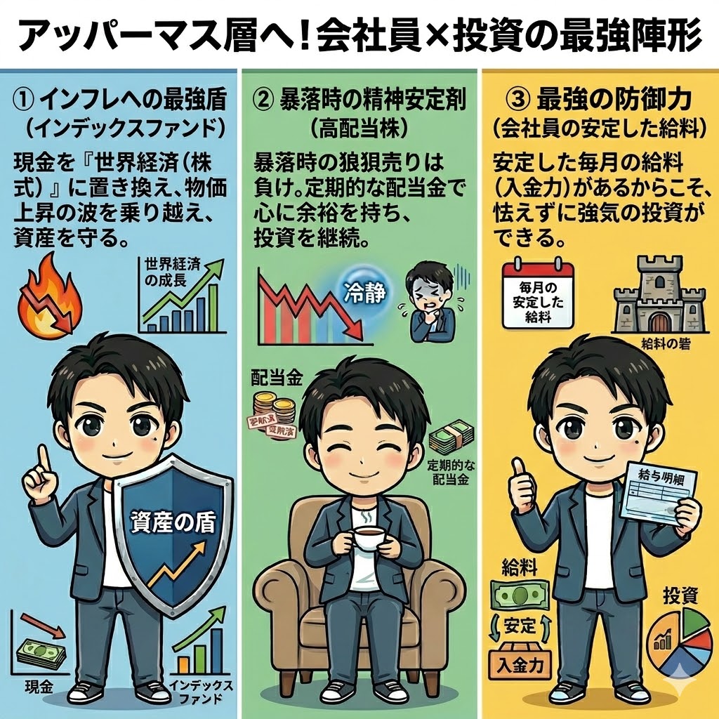 「アッパーマス層へ!会社員×投資の最強陣形」と題された3分割のイラスト。左から、インフレへの最強盾であるインデックスファンド、暴落時の精神安定剤となる高配当株、最強の防御力である会社員の安定した給料(入金力)を解説している画像。