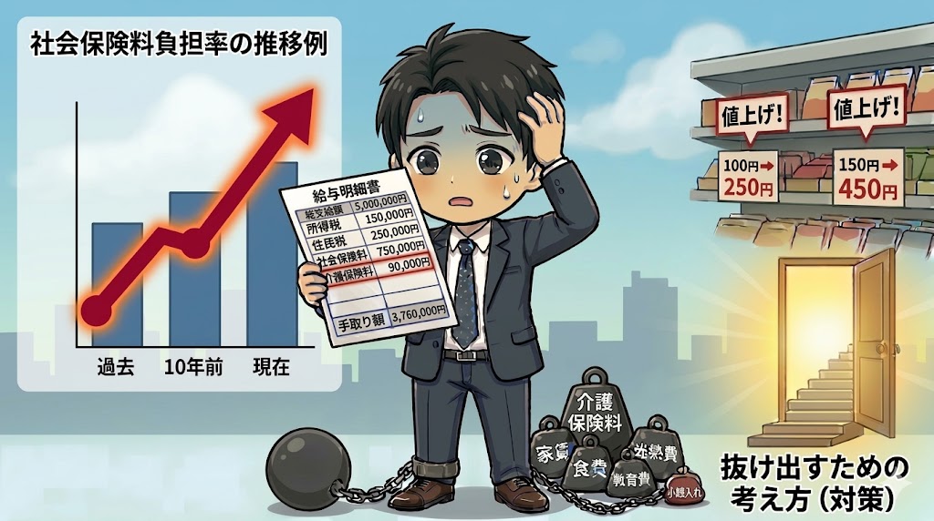 会社員の手取りが減る現実（物価高・社会保険料増）と、そこから抜け出すための対策を表現したアイキャッチ図解イラスト。