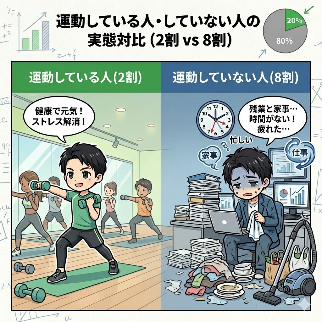 運動している人と運動していない人の実態を対比したイラスト。左側はジムで運動し「健康で元気！ストレス解消！」と喜ぶ2割の人。右側は残業や家事に追われ「時間がない！疲れた…」とPCに向かって疲弊している8割の人が描かれている。