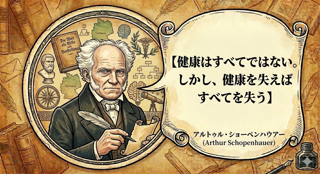 アルトゥル・ショーペンハウアーのイラスト。「健康はすべてではない。しかし、健康を失えばすべてを失う」という名言が吹き出しで書かれている。背景には哲学書や医学・科学を連想させるアイコンが描かれている。