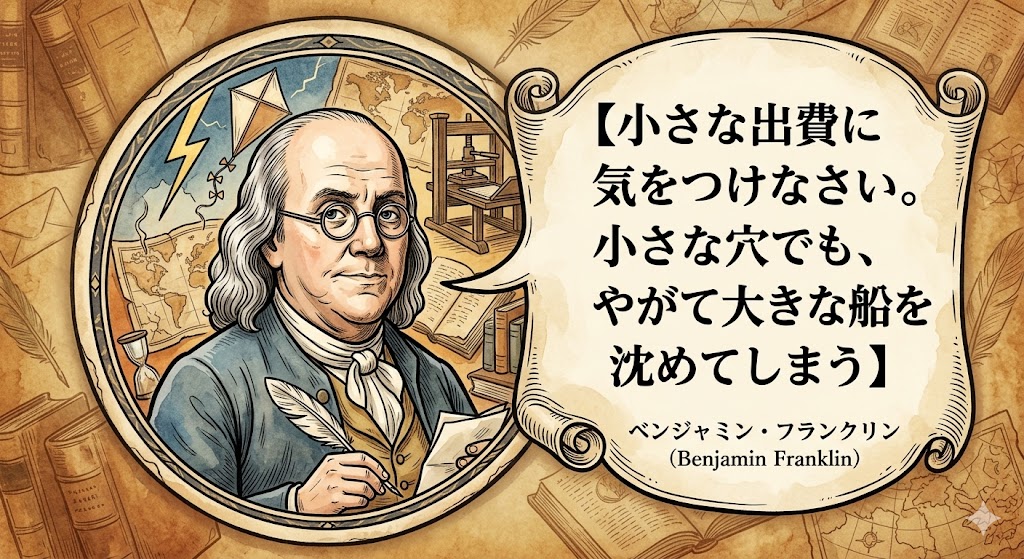 ベンジャミン・フランクリンのイラスト。「小さな出費に気をつけなさい。小さな穴でも、やがて大きな船を沈めてしまう」という名言が吹き出しで書かれている。背景にはアンティーク調の世界地図や古い本、雷の実験に使う凧などのアイコンが描かれている。