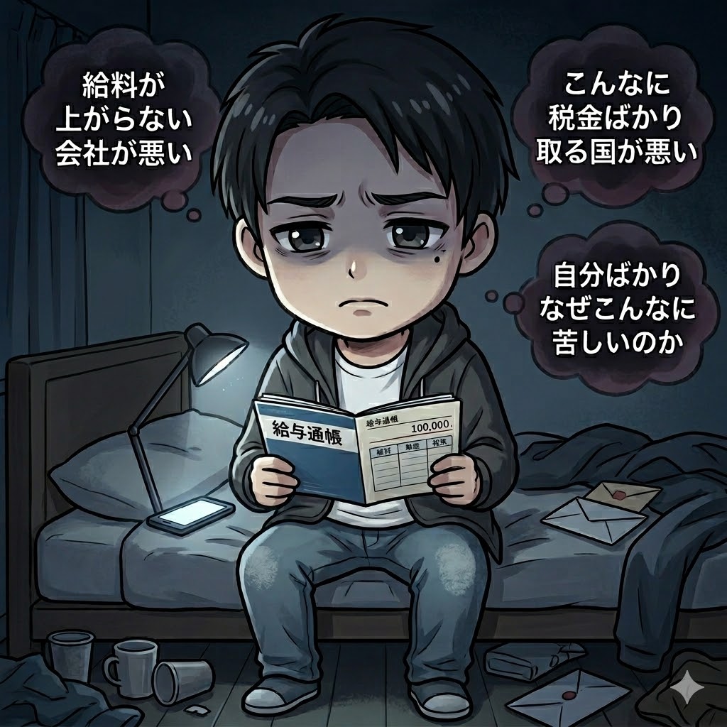 20代のどん底時代、リボ払いやゲーム課金で残高が減っていく通帳を眺めながら、会社や国を恨んでいた当時の様子。