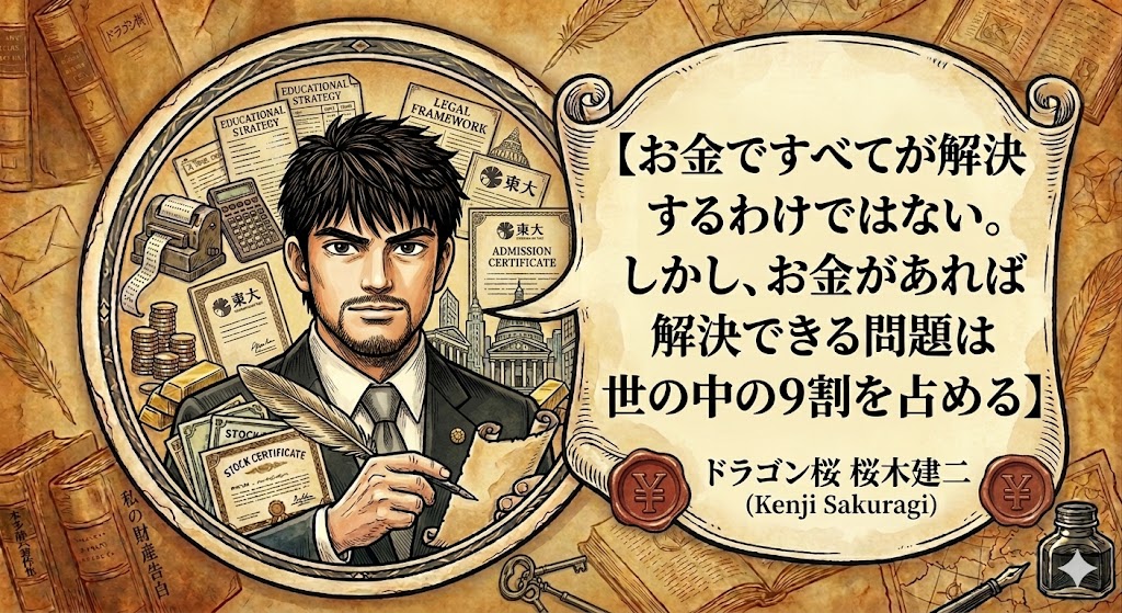 ドラゴン桜の桜木建二のイラストと、「お金ですべてが解決するわけではない。しかし、お金があれば解決できる問題は世の中の9割を占める」という名言が書かれた画像。