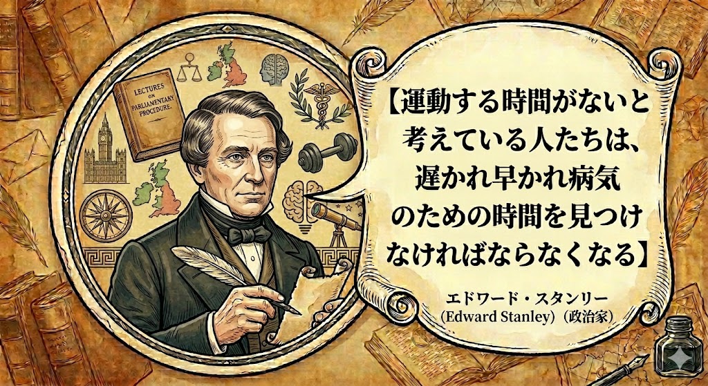 19世紀のイギリス政治家エドワード・スタンリーの肖像イラスト。彼が手に持つ巻物には、日本語で「【運動する時間がないと考えている人たちは、遅かれ早かれ病気のための時間を見つけなければならなくなる】」という名言が書かれている。巻物の下には「エドワード・スタンリー (Edward Stanley) (政治家)」の記載がある。背景はアンティーク調で、古書、地図、天秤、ダンベル、脳、時計、望遠鏡などのアイコンが描かれ、歴史的知恵と健康管理の重要性を表現している。