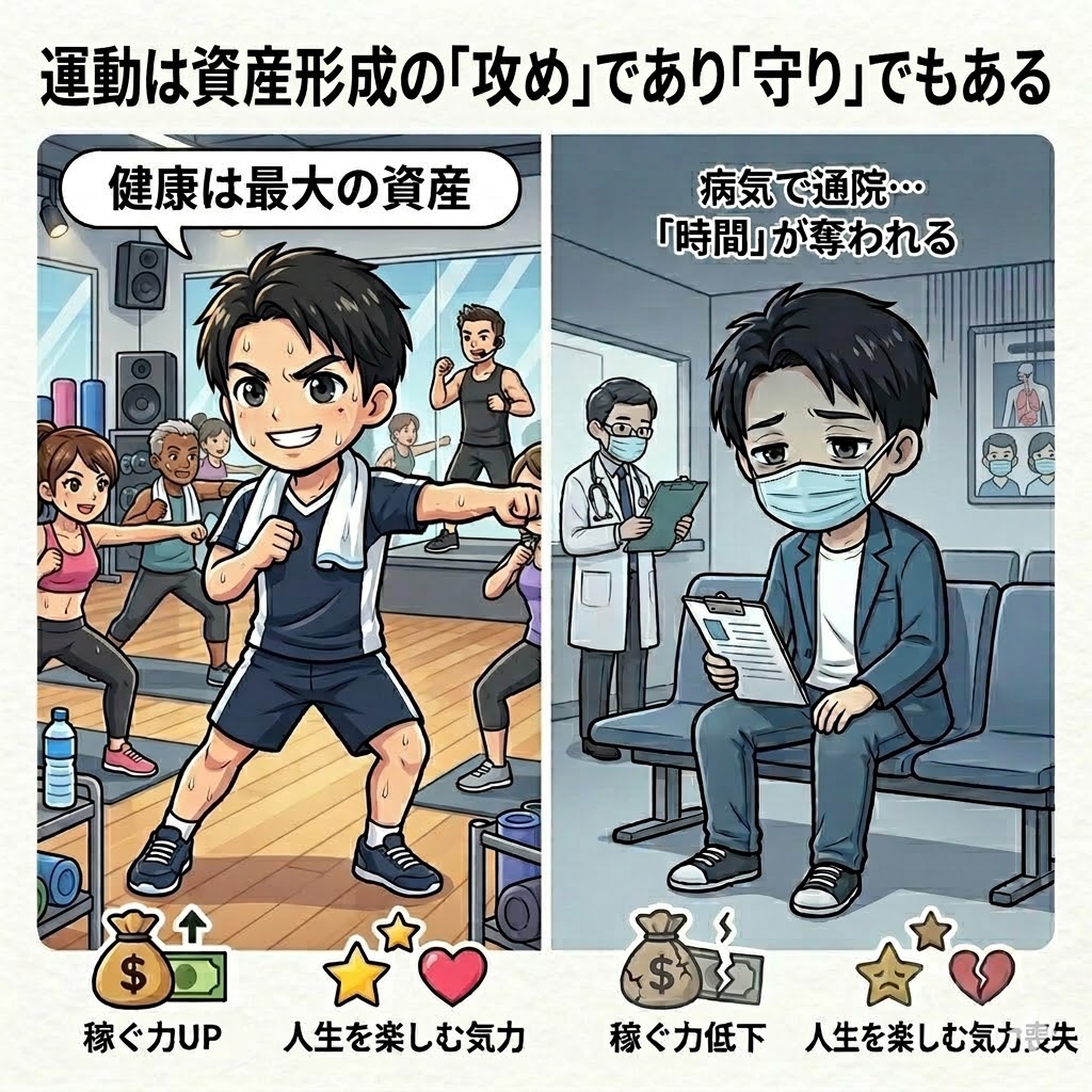運動が資産形成に与える影響の対比イラスト。左側は「健康は最大の資産」としてジムで汗を流す男性（稼ぐ力UP、人生を楽しむ気力あり）。右側は「病気で通院…『時間』が奪われる」として病院の待合室で疲弊する男性（稼ぐ力低下、人生を楽しむ気力喪失）が描かれ、「運動は資産形成の『攻め』であり『守り』でもある」という見出しがつけられている。