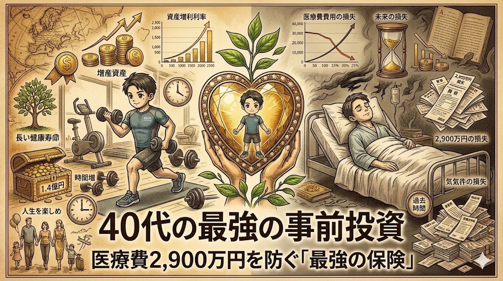 「40代の最強の事前投資」「医療費2,900万円を防ぐ『最強の保険』」というテキストの下に、運動による健康と資産形成（左）と、病気による損失（右）の対比を描いたヴィンテージスタイルのインフォグラフィック。