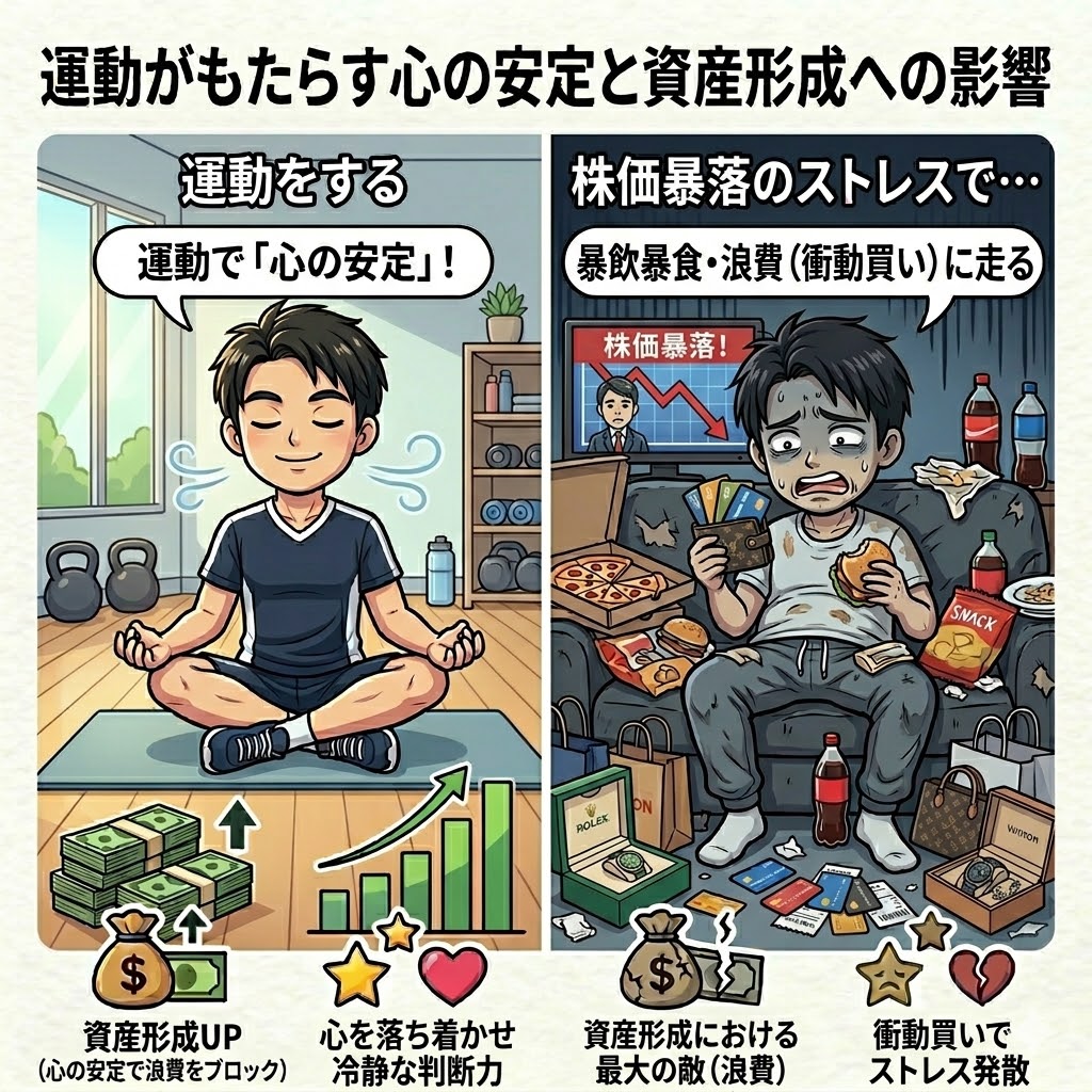 運動がもたらすメンタルコントロールの効果を対比したイラスト。左側は、株価暴落時に「恐怖」「パニック」で「狼狽売り」をし、さらに「ストレス」で「衝動買い」をして「浪費」する男性。右側は、「セロトニン」「エンドルフィン」が分泌され、「冷静な判断」「強い精神力」で「市場に残り続ける」ことを選択し、さらに「ストレス発散」で「浪費ブロック」をする男性。上部には「暴落時の恐怖に打ち勝つ『鋼のメンタル』」と「資産形成を加速させる！『心の安定（メンタルコントロール）』」の見出しがつけられている。背景はグレー。